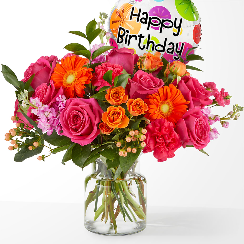 Fiesta Bouquet with Birthday Balloon – Serrano Flowers, Riverside CA