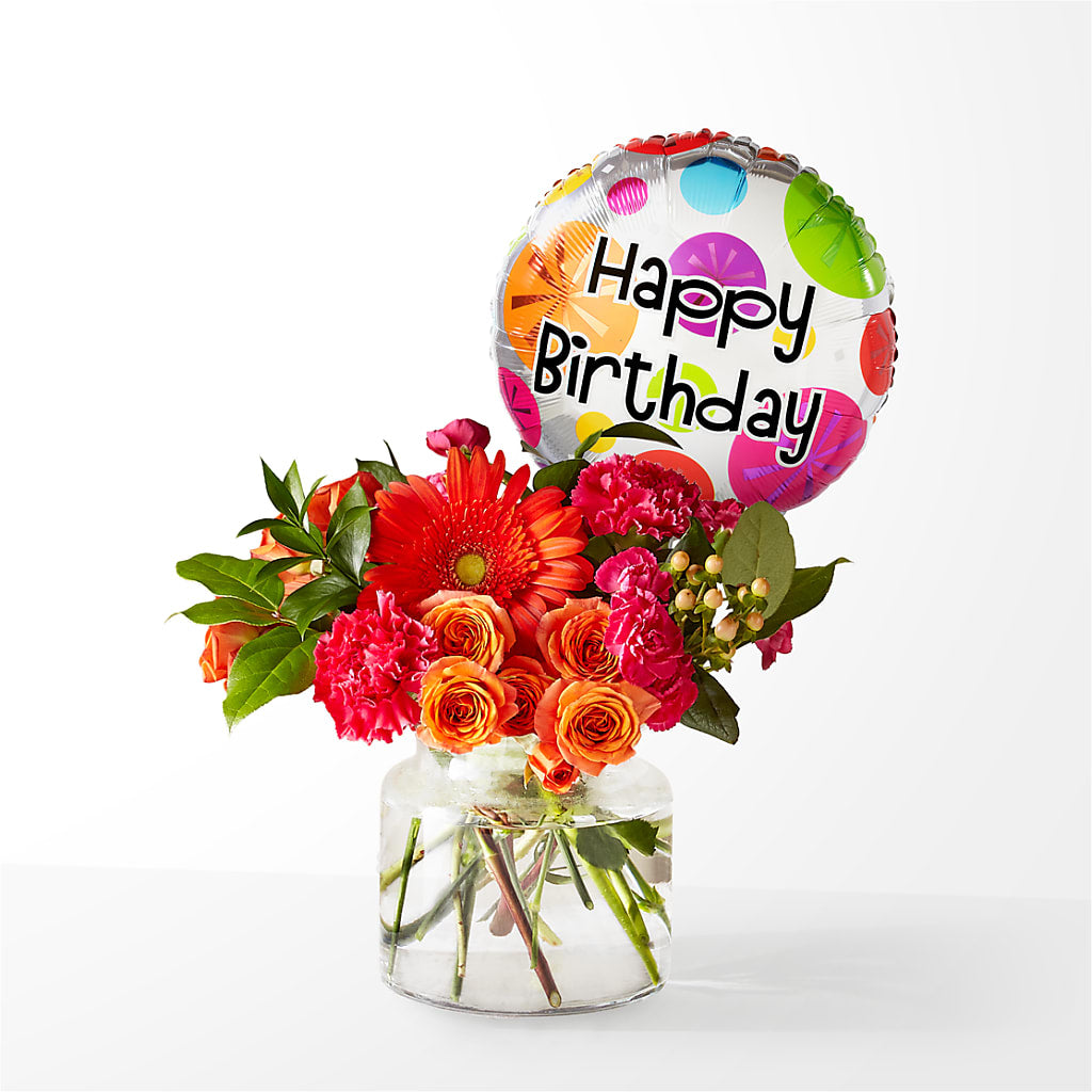 Fiesta Bouquet with Birthday Balloon – Serrano Flowers, Riverside CA