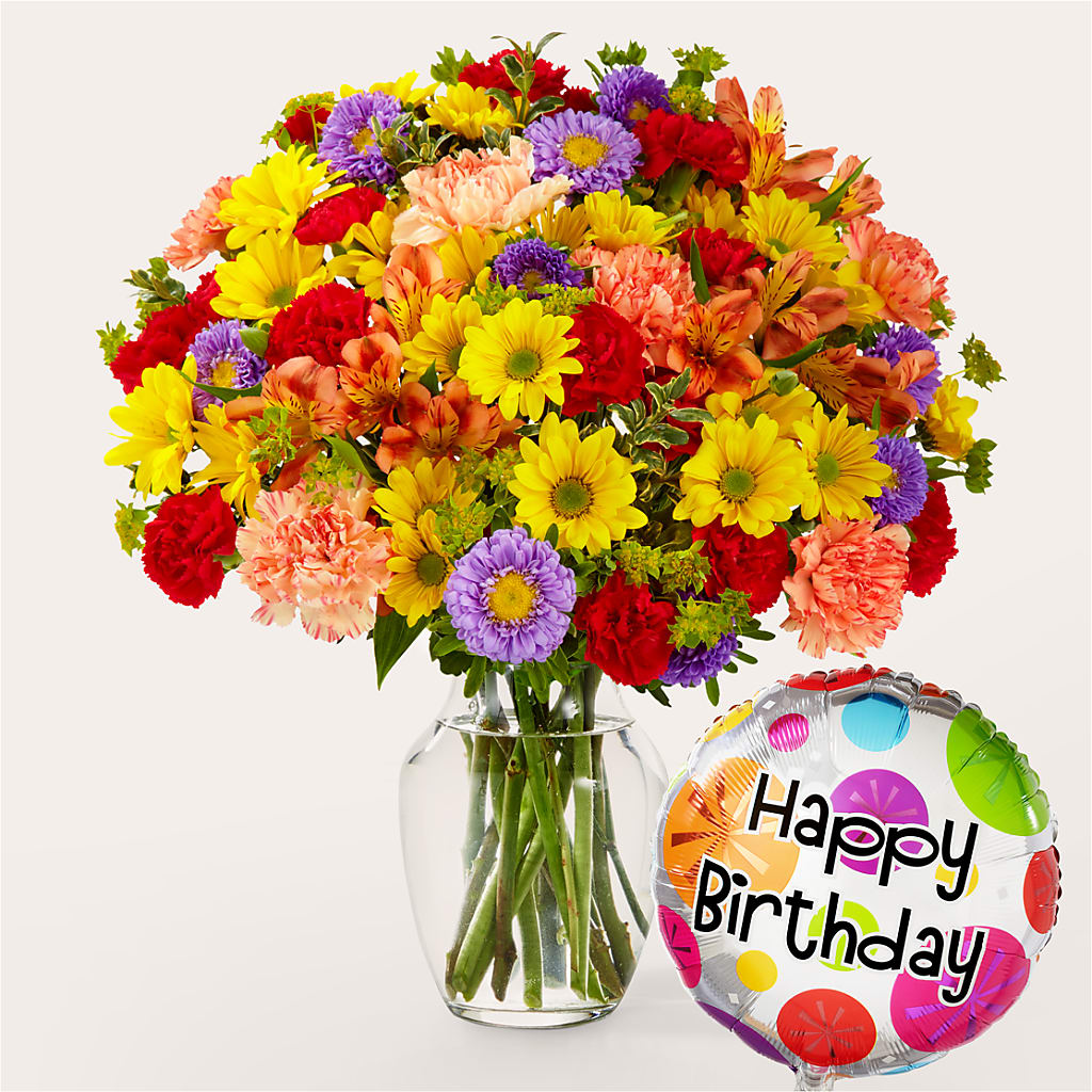 Kaleidoscope Bouquet with Birthday Balloon – Serrano Flowers, Riverside CA
