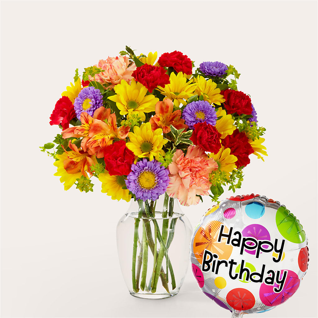 Kaleidoscope Bouquet with Birthday Balloon – Serrano Flowers, Riverside CA