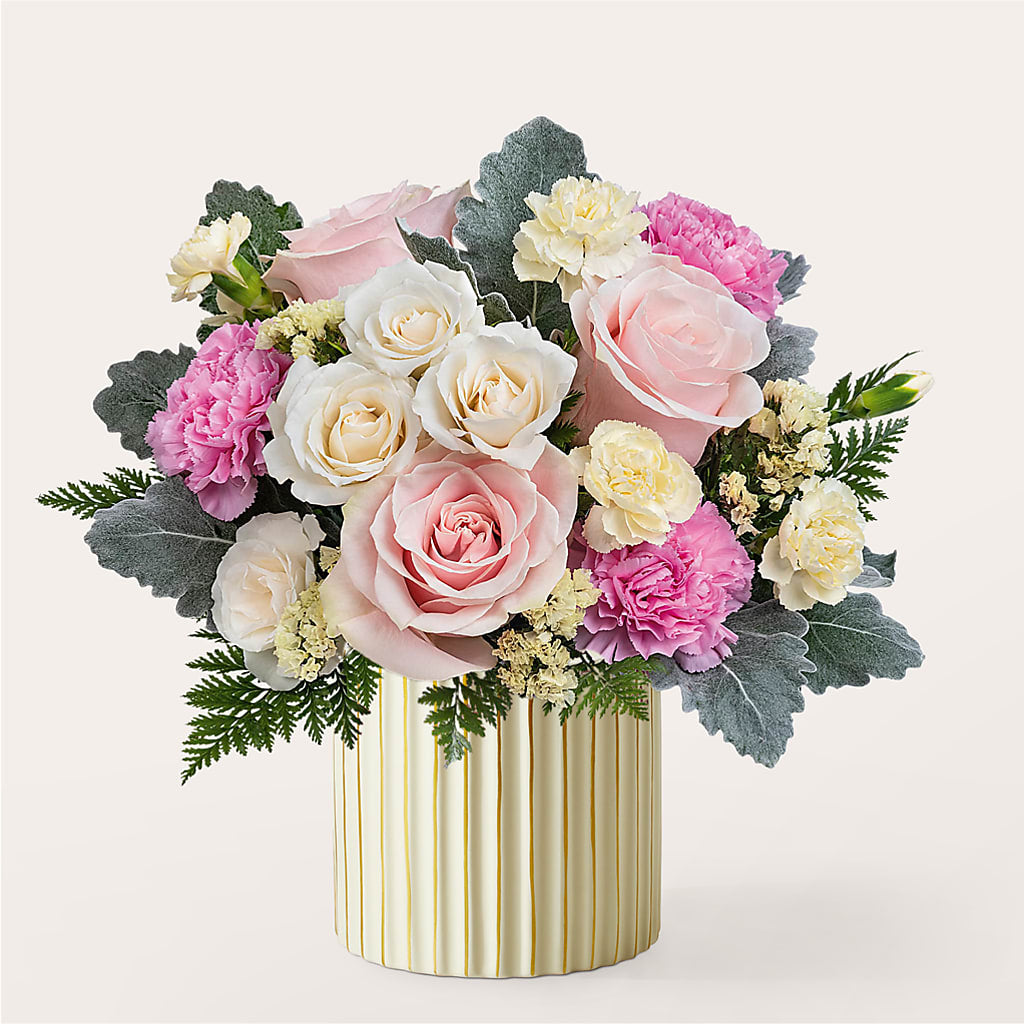 Blissful Moments Bouquet with Ivory Vase – Serrano Flowers, Riverside CA