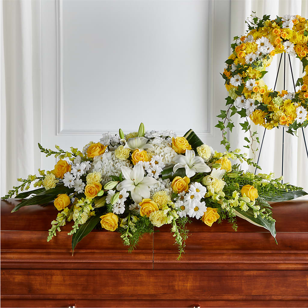 Golden Harmony Casket Spray – Serrano Flowers, Riverside CA