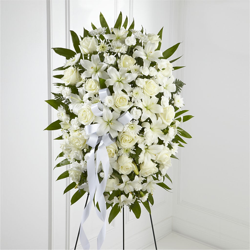 Exquisite Tribute Standing Spray-White Ribbon – Serrano Flowers, Riverside CA