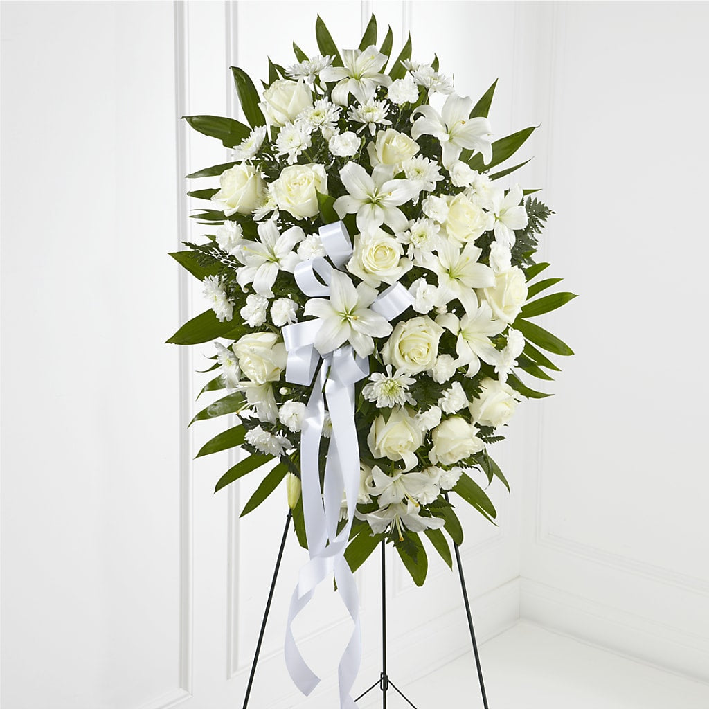 Exquisite Tribute Standing Spray-White Ribbon – Serrano Flowers, Riverside CA