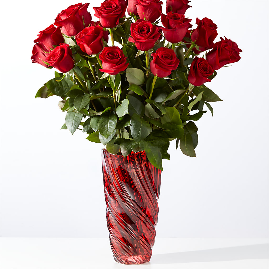Classic Love Red Rose Bouquet with Luxe Swirl Vase – Serrano Flowers, Riverside CA