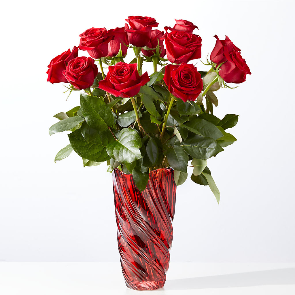 Classic Love Red Rose Bouquet with Luxe Swirl Vase – Serrano Flowers, Riverside CA