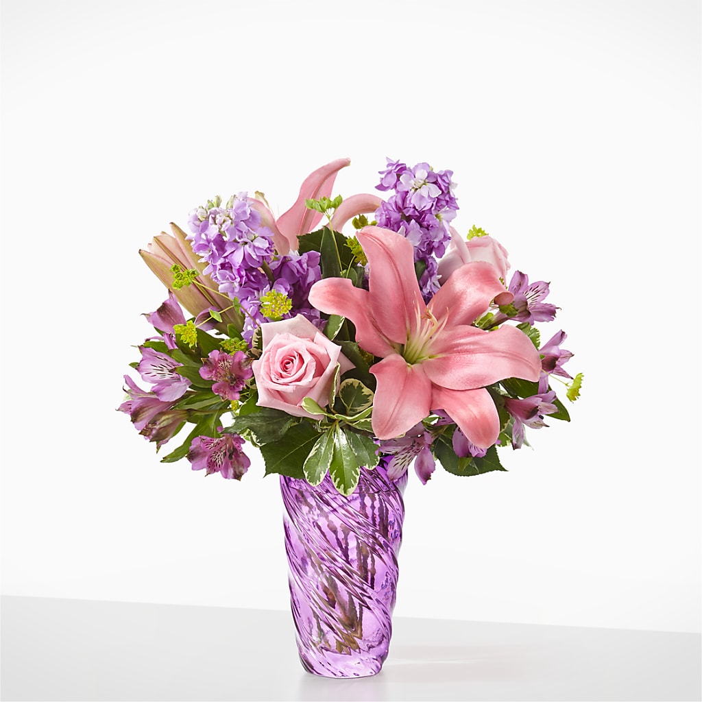 Precious Petals Bouquet with Luxe Swirl Vase – Serrano Flowers, Riverside CA