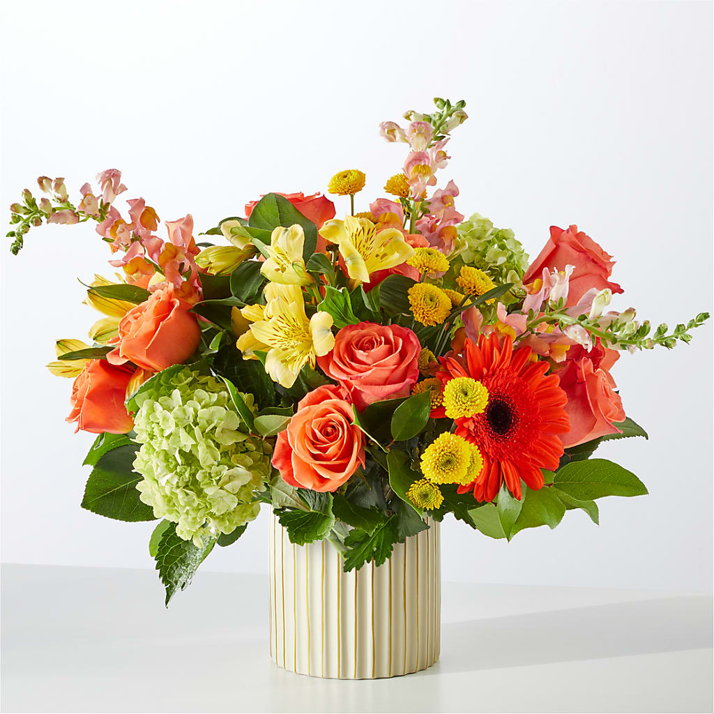 Autumn Sunshine Bouquet with Ivory Vase – Serrano Flowers, Riverside CA