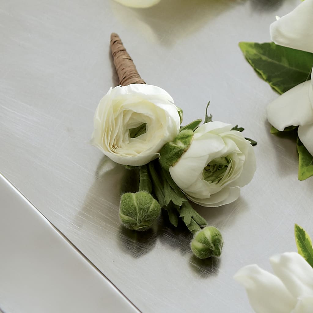 White Ranunculus Boutonniere – Serrano Flowers, Riverside CA