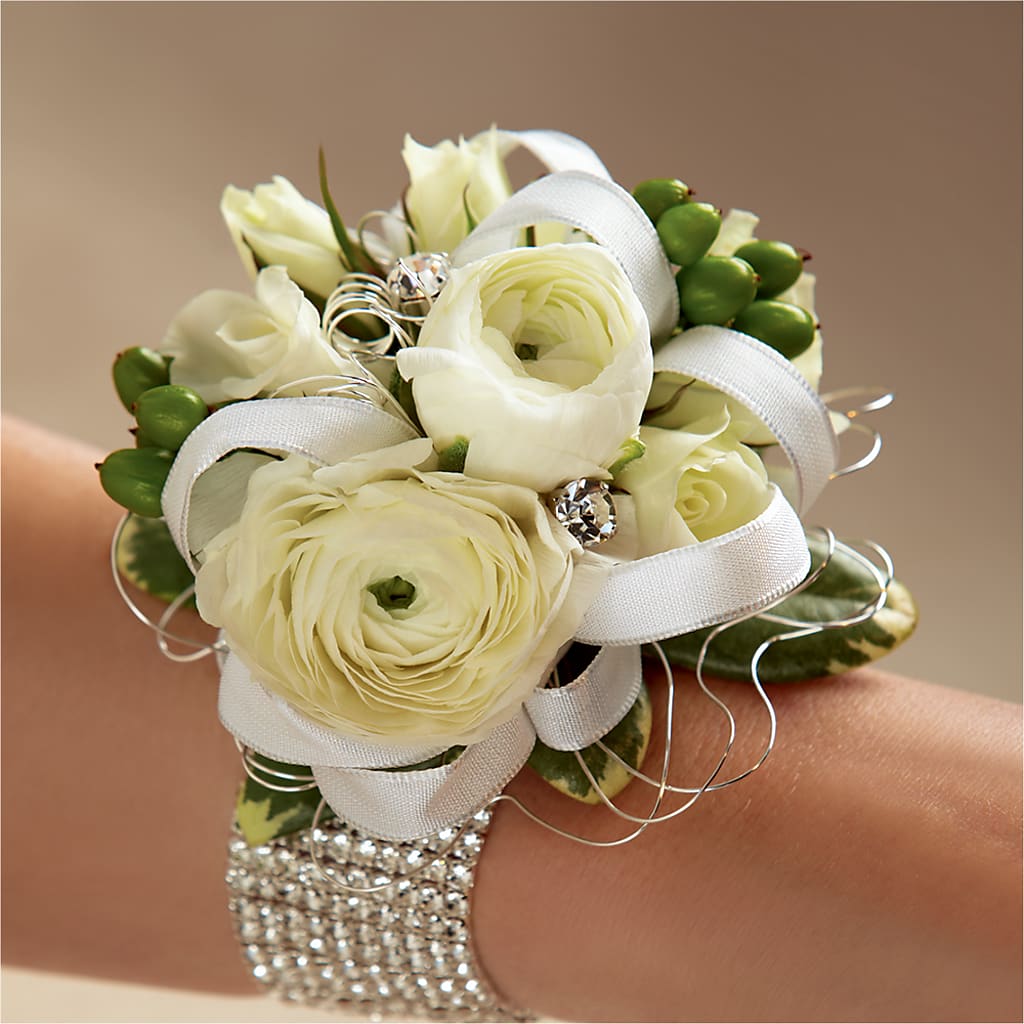 White Wedding Corsage – Serrano Flowers, Riverside CA