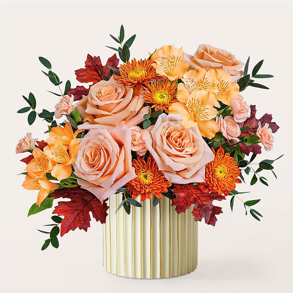 Spiced Latte Bouquet with Ivory Vase –  Serrano Flowers, Riverside CA